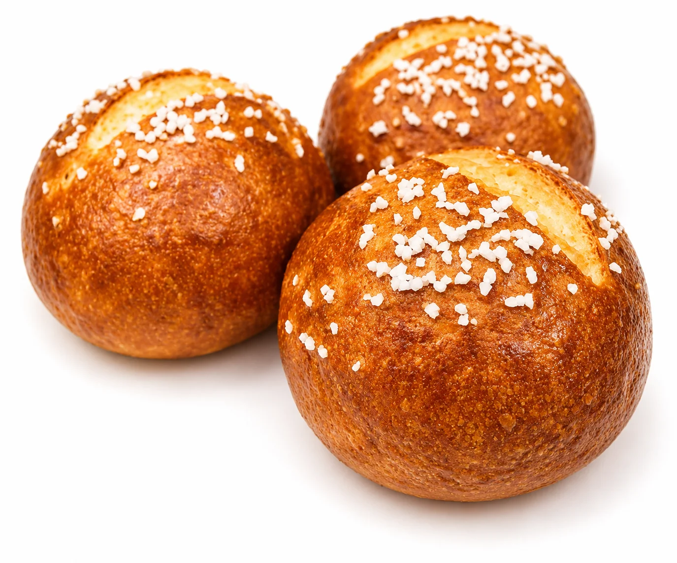 Three golden-brown bread rolls topped with sesame seeds.