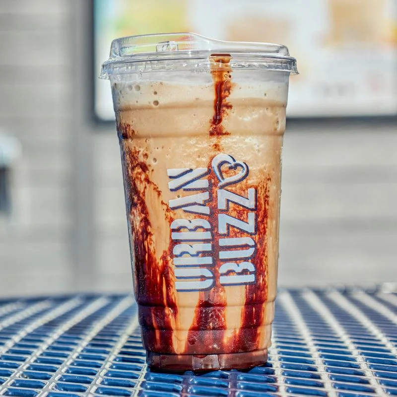 Iced coffee drink with chocolate drizzle from Urban Buzz