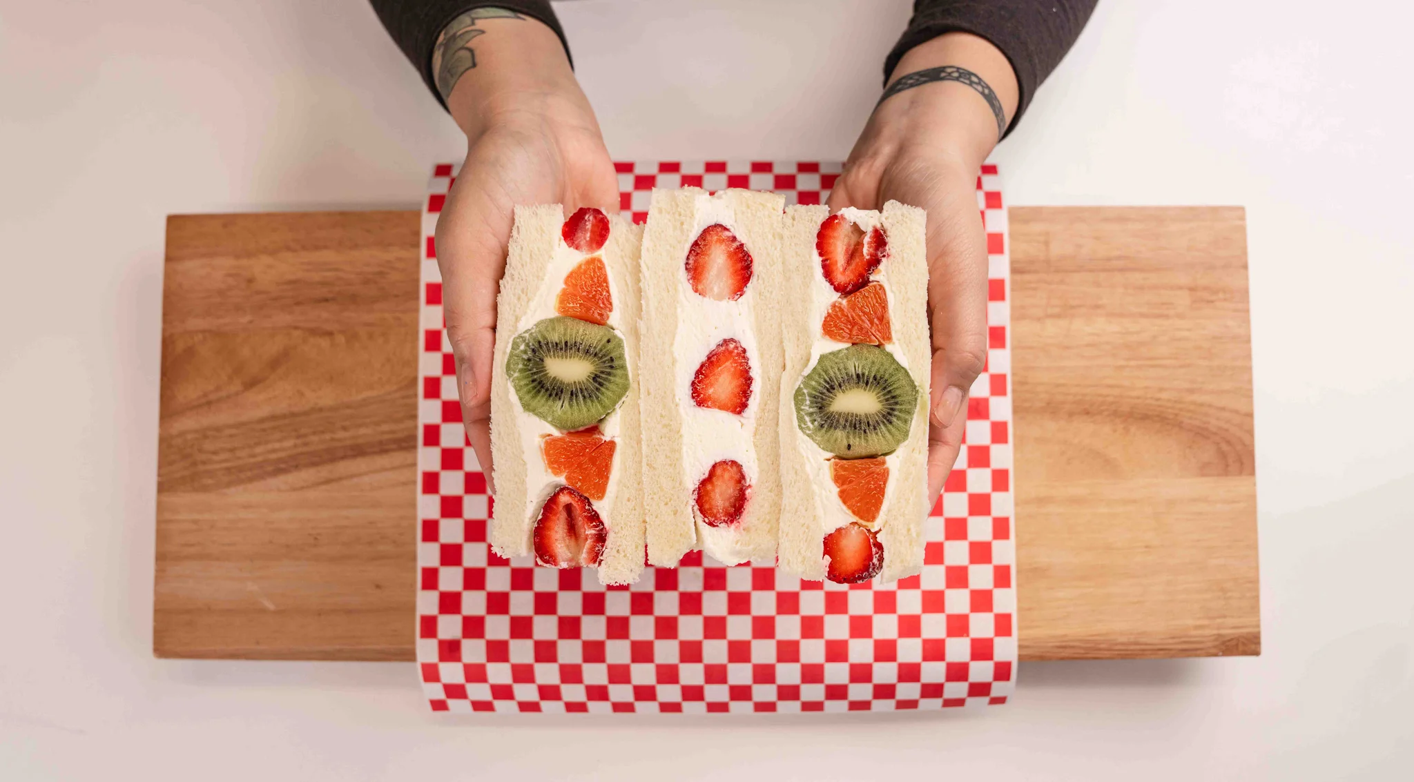 Japanese fruit sandwich with fresh strawberries and kiwi