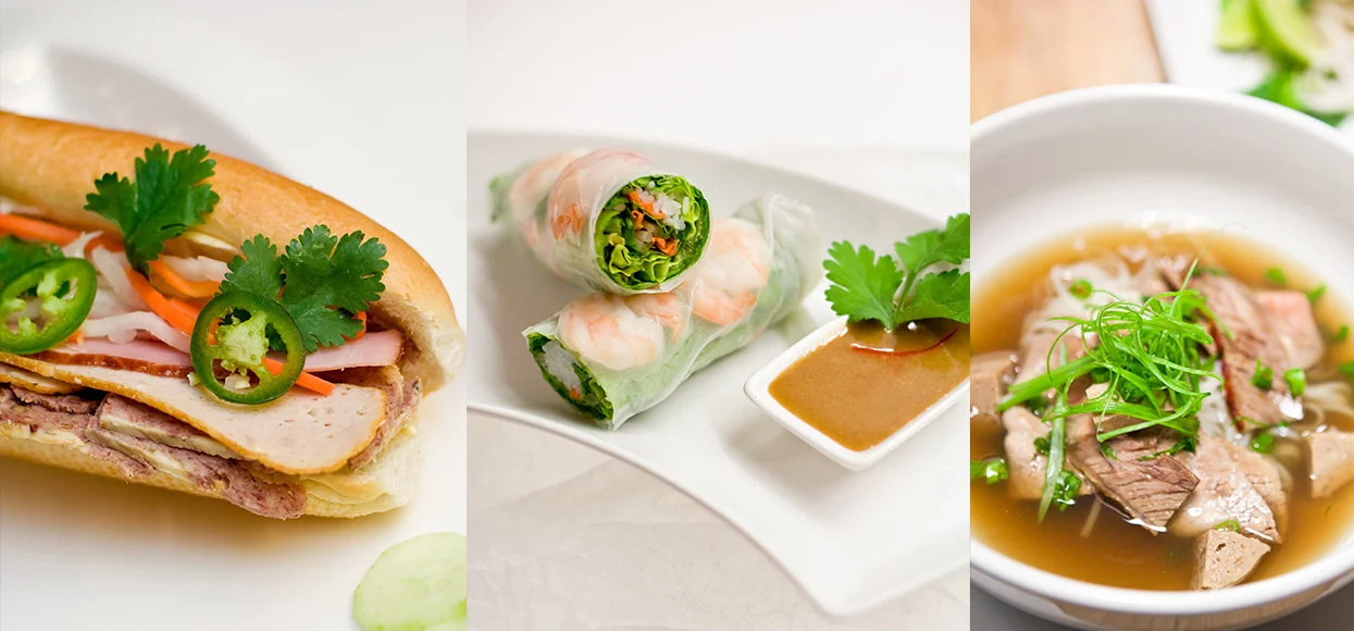 Vietnamese banh mi sandwich, fresh spring rolls, and pho soup