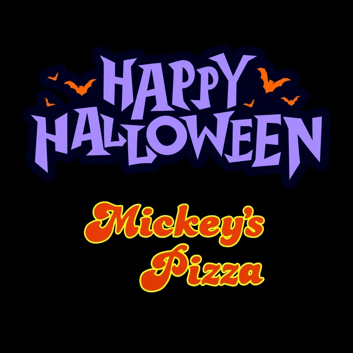 Halloween restaurant branding graphic with purple lettering and orange bats