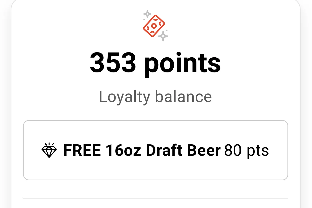 Foxxy Rewards app screenshot displaying 353 points balance, FREE 16oz Draft Beer reward at 80 points, and 2x points earning option during Foxxy Hour at The Fox Restaurant & Brewery Carson City
