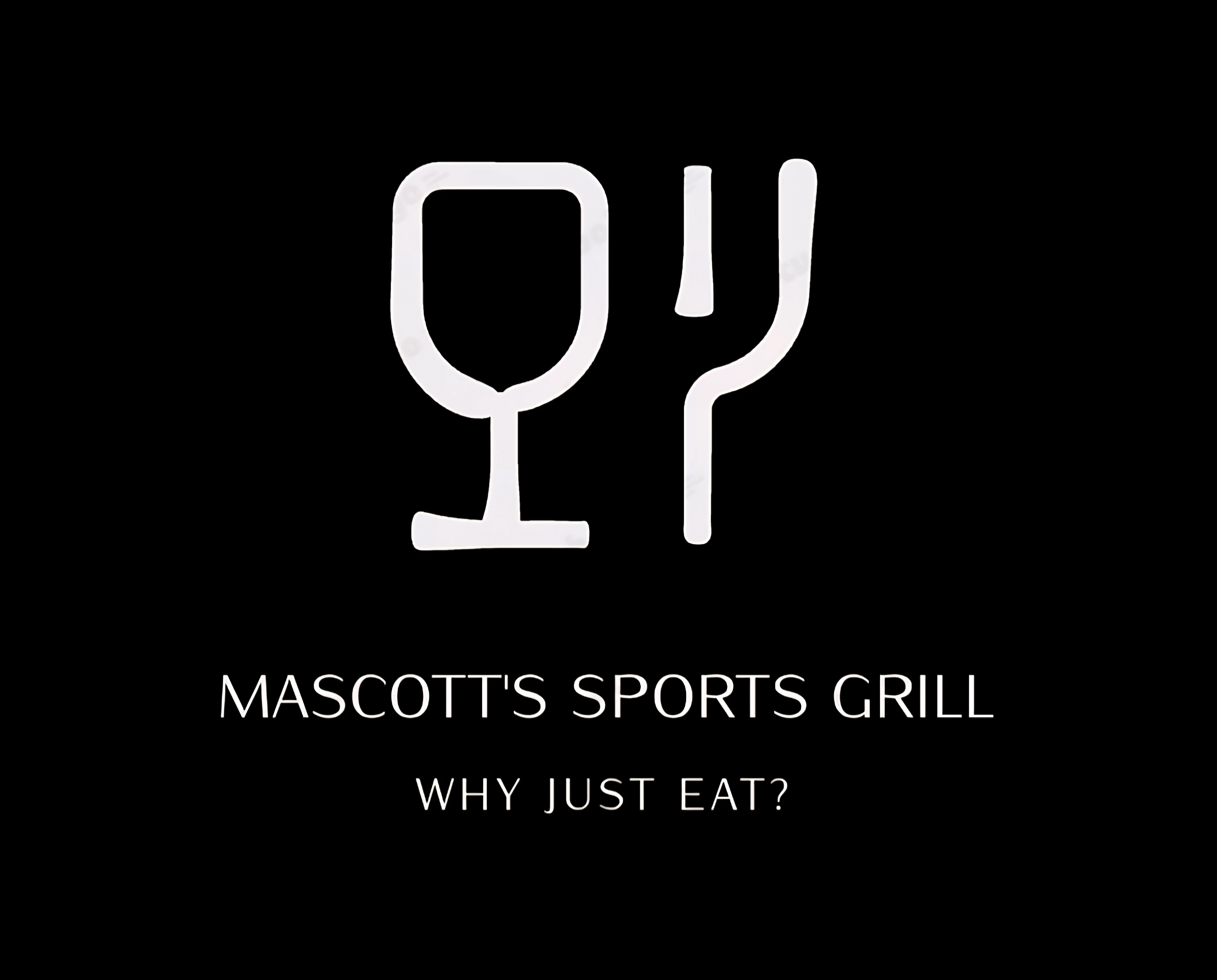 A minimalist graphic featuring a glass and fork with the name of a sports grill below it.