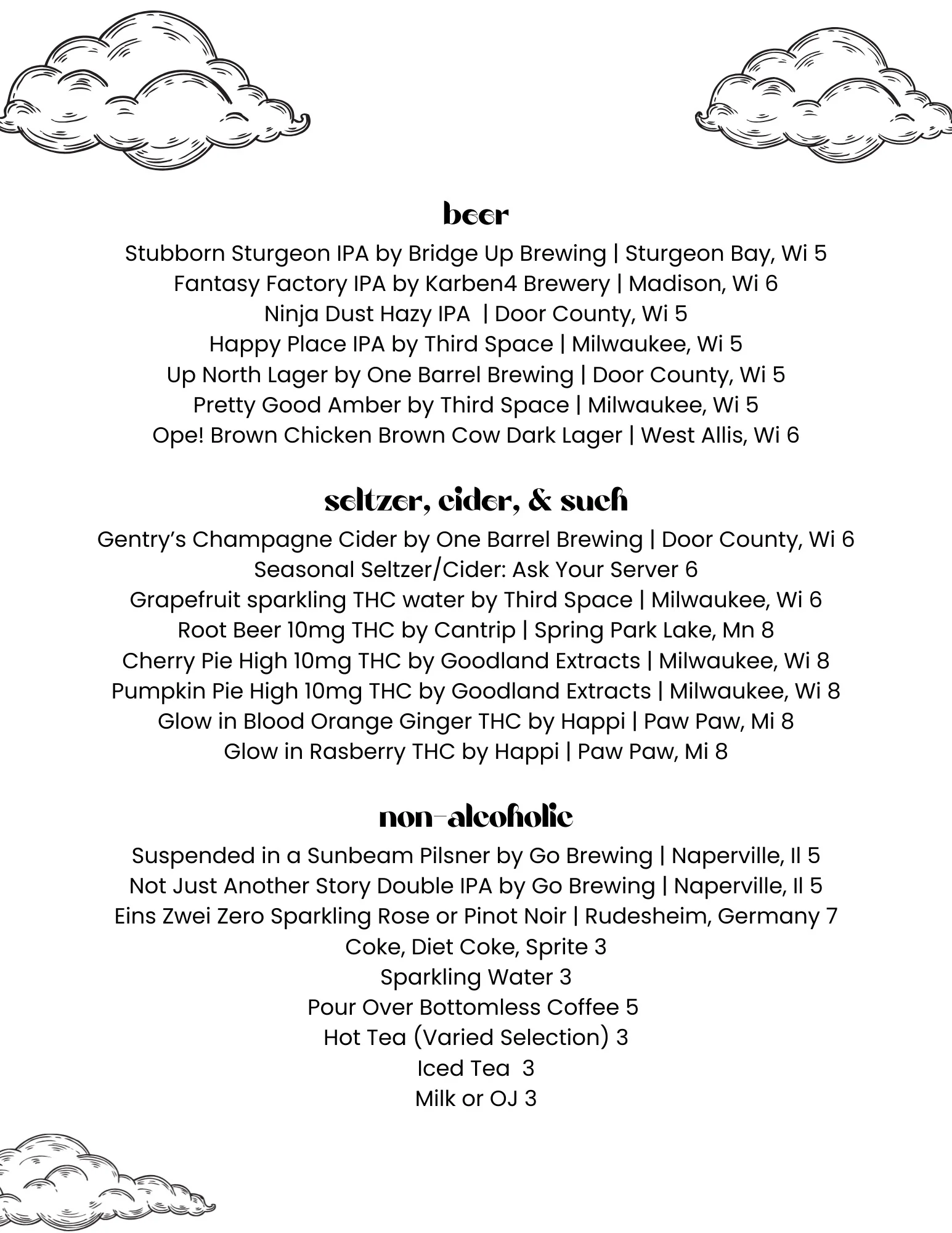 Craft beer and seltzer menu from a local brewery