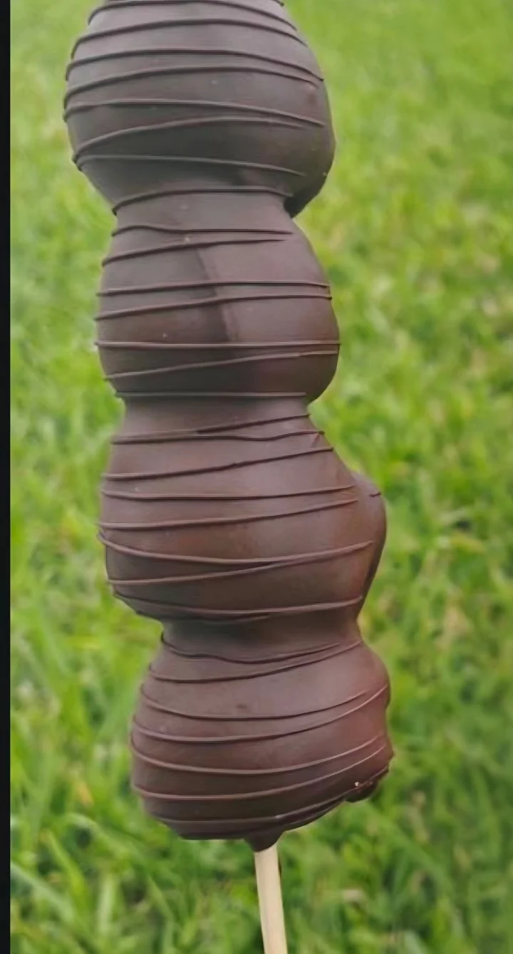 A chocolate-coated treat on a stick, featuring multiple rounded segments. The treat is presented against a backdrop of green grass.