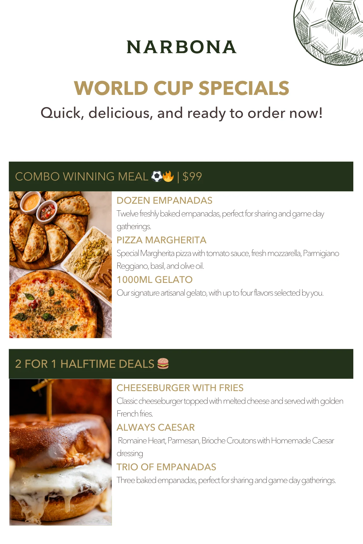 World Cup special combo meal featuring empanadas and pizza