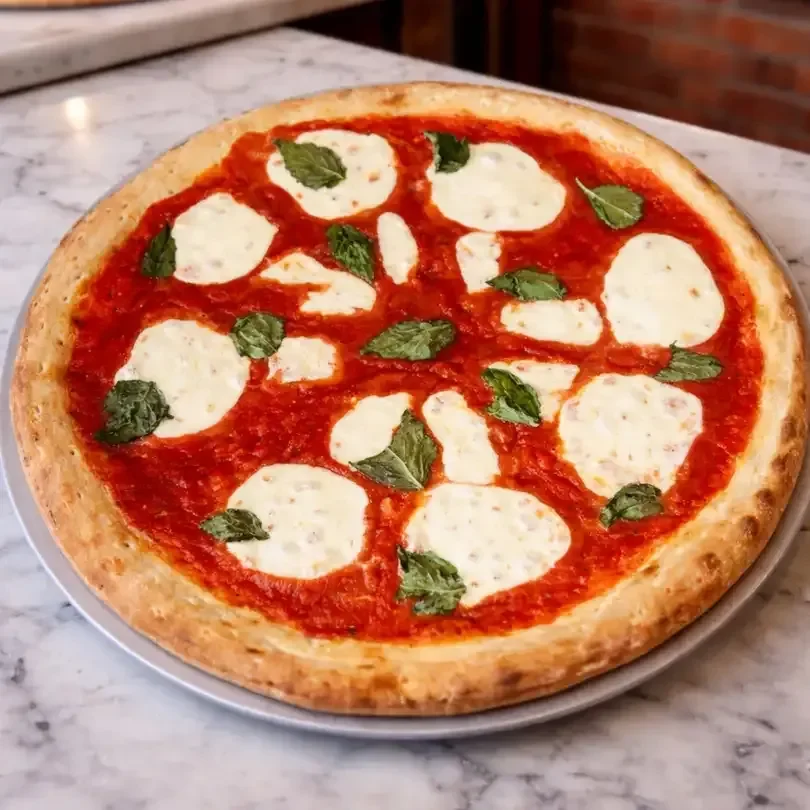 A round pizza with a classic tomato sauce base, topped with mozzarella cheese and fresh basil leaves.