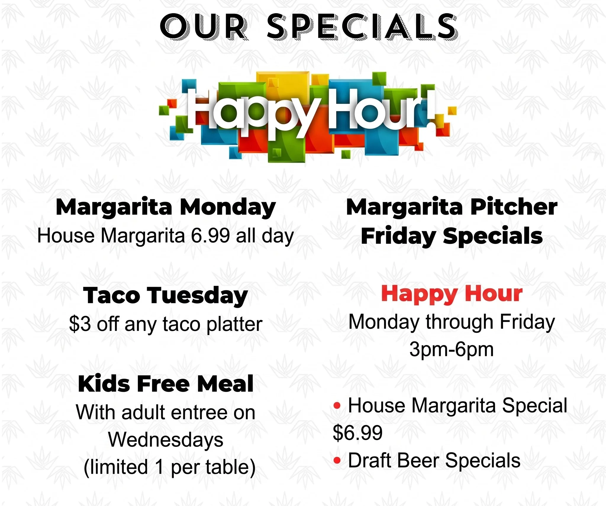 Colorful restaurant specials menu highlighting happy hour and themed days