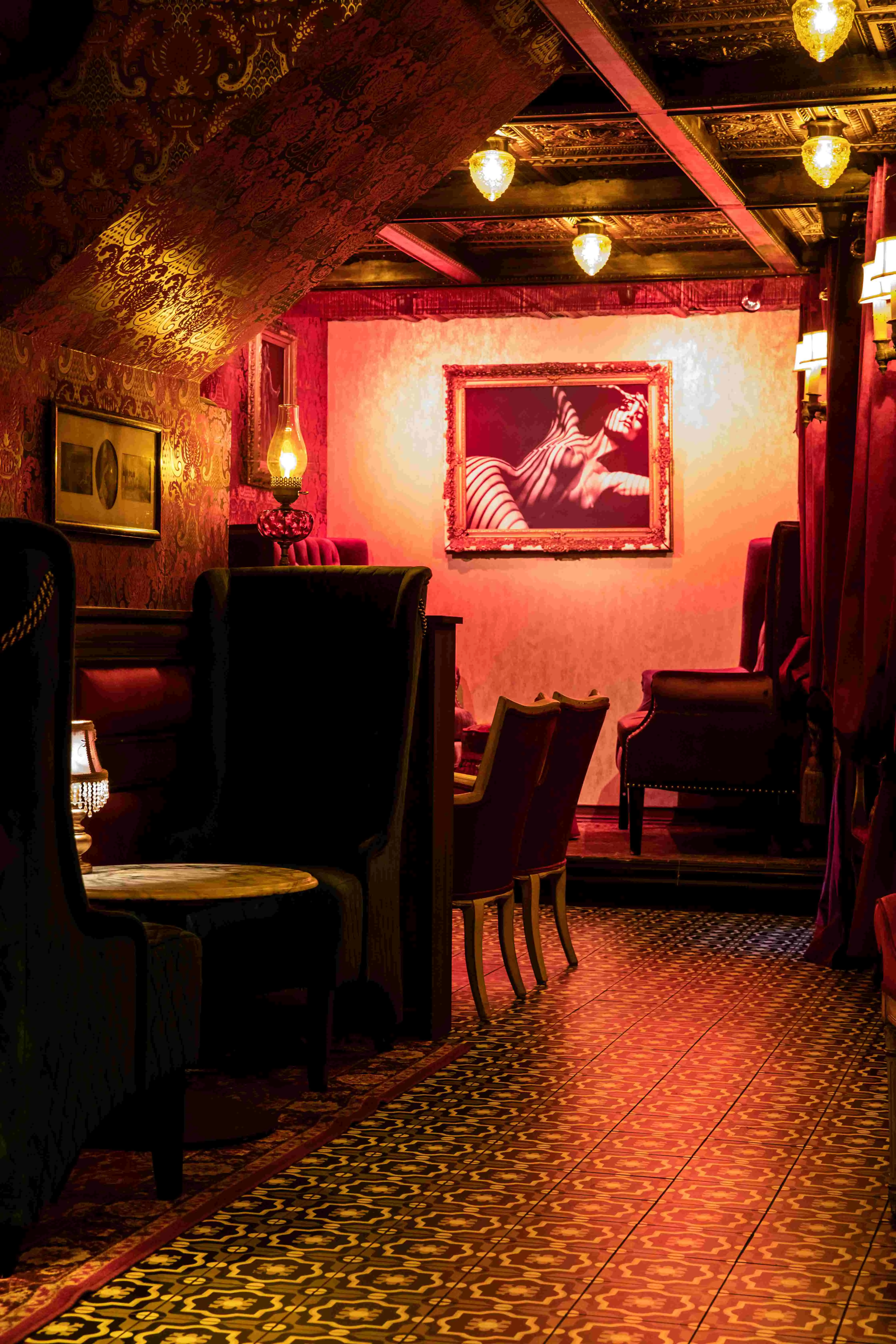 Elegant restaurant interior with warm lighting and vintage decor