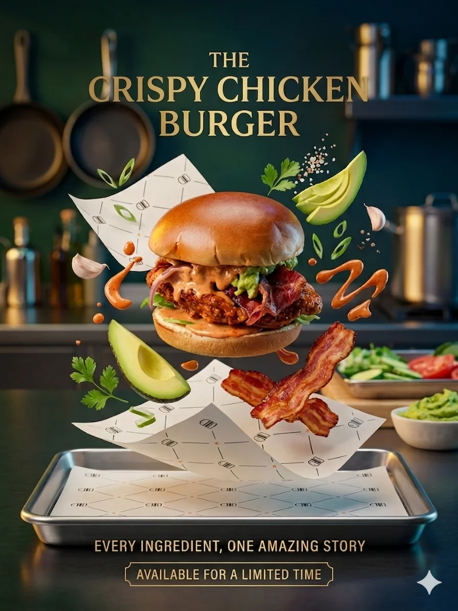 A crispy chicken burger topped with sauce and avocado, floating against a kitchen backdrop with fresh ingredients nearby.