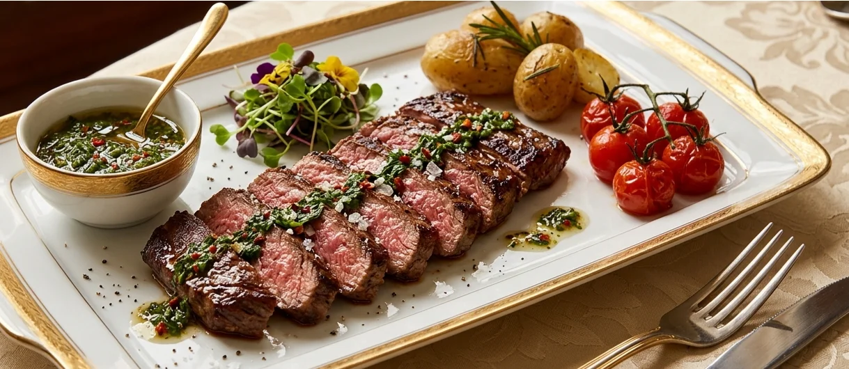 Grilled Argentine steak with chimichurri sauce and roasted vegetables