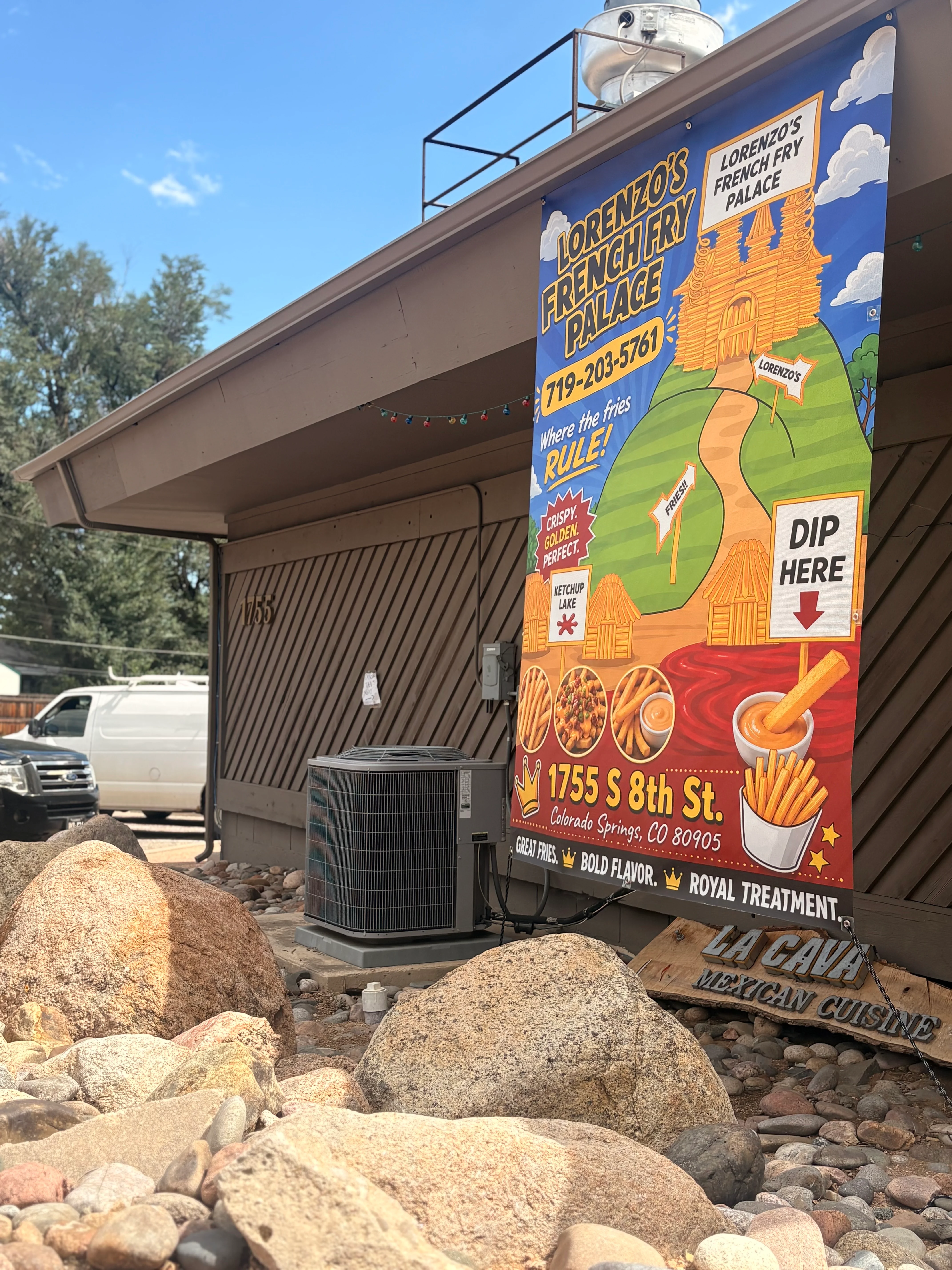 Colorful restaurant signage for Lorenzo's French Fry Palace in Colorado Springs