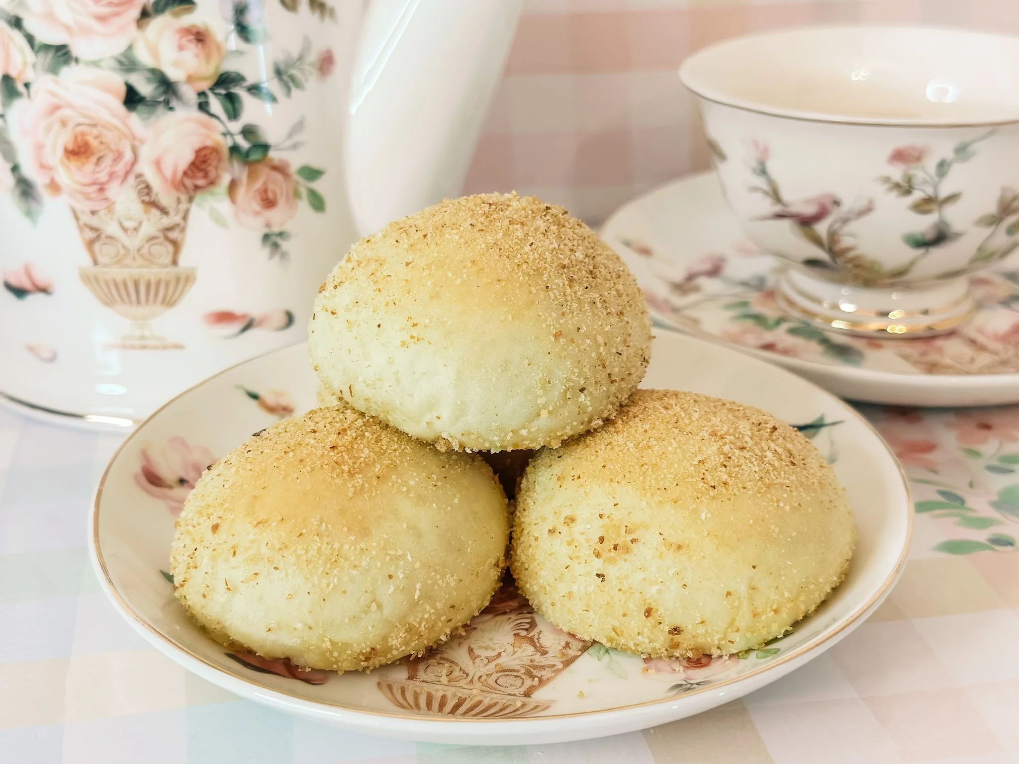 Chinese pineapple buns on a floral plate