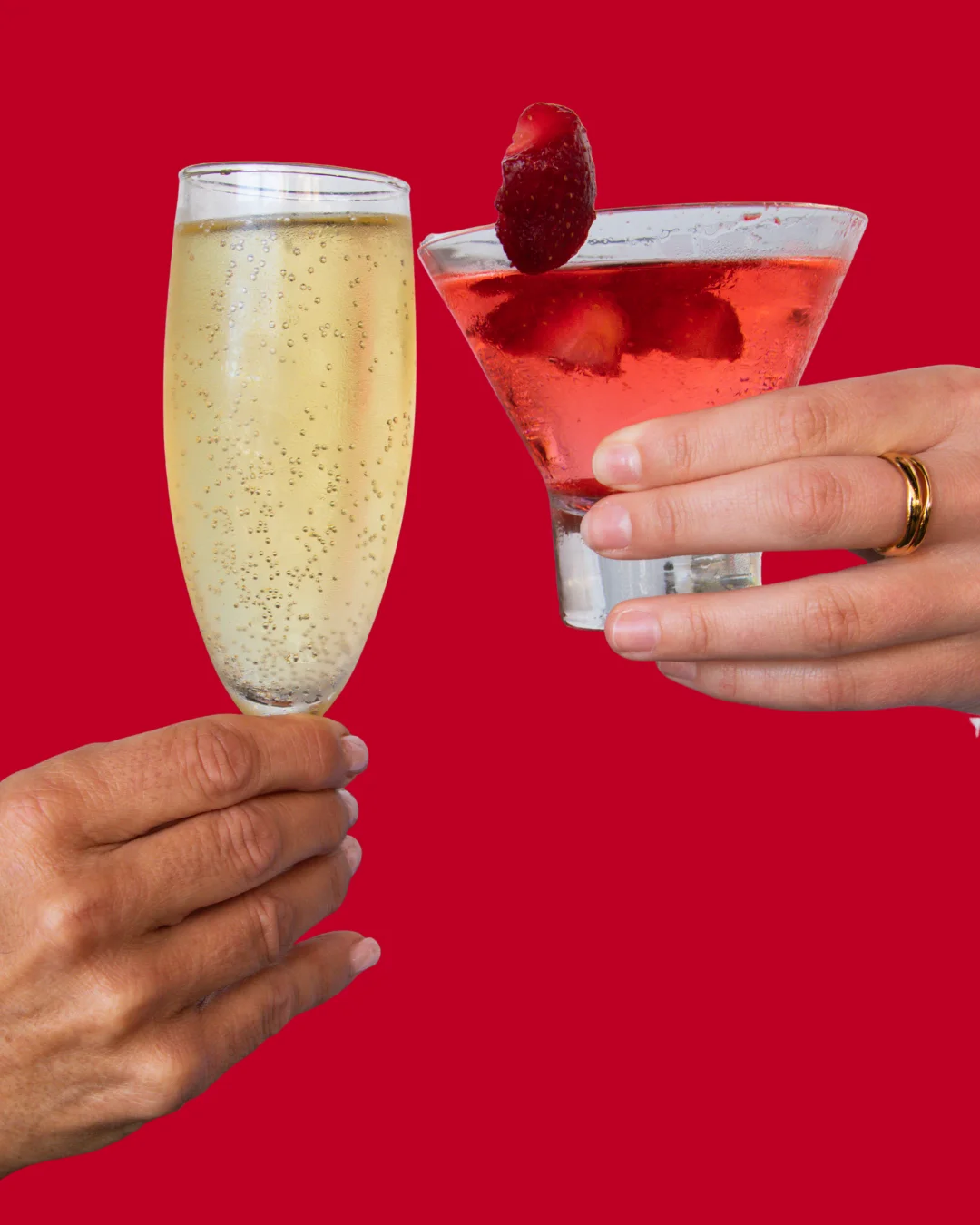 Cheers with sparkling wine and cocktail on a vibrant background