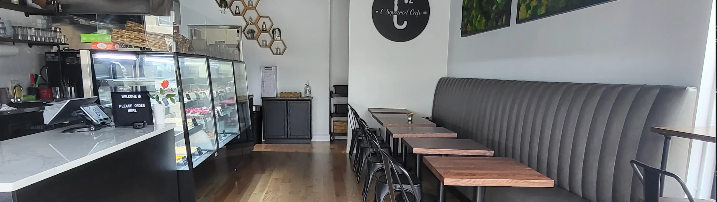 Cozy cafe interior with modern decor and seating