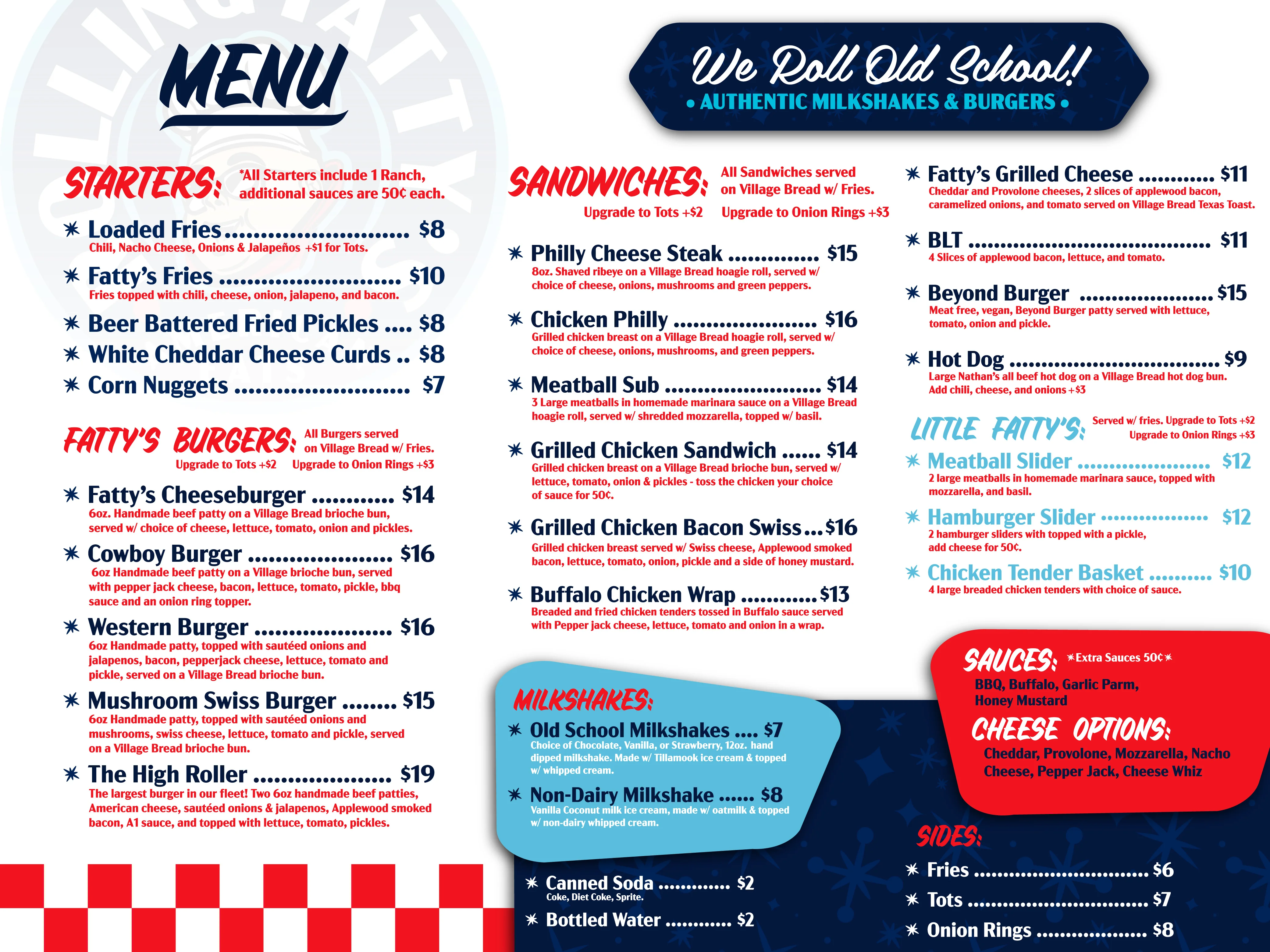 Menu of American diner featuring burgers and milkshakes