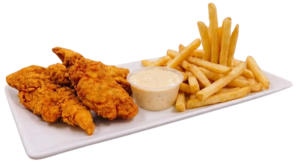 Crispy fried chicken tenders with French fries
