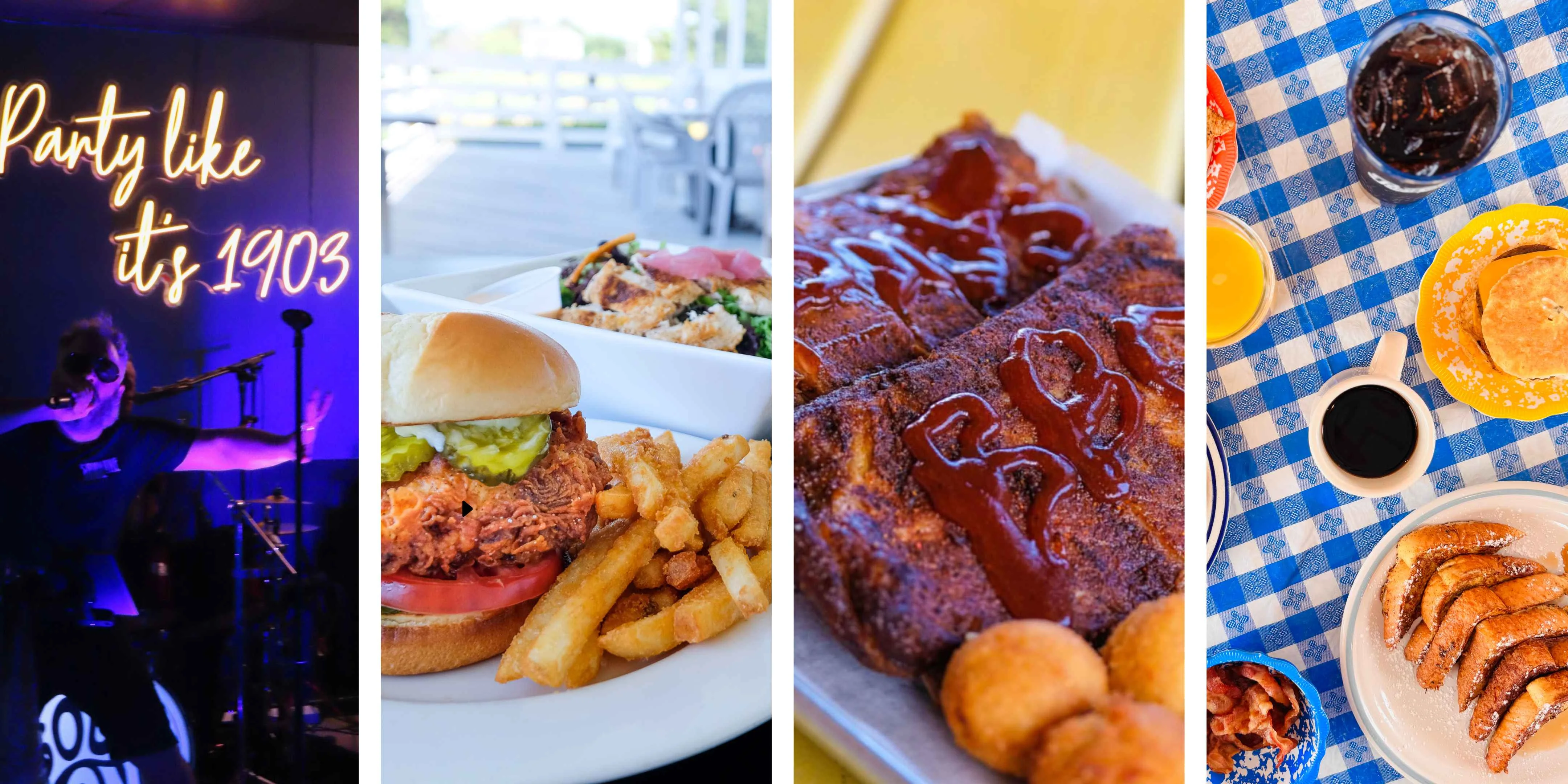 Restaurant food collage featuring burgers, fries, barbecue ribs, and neon signage