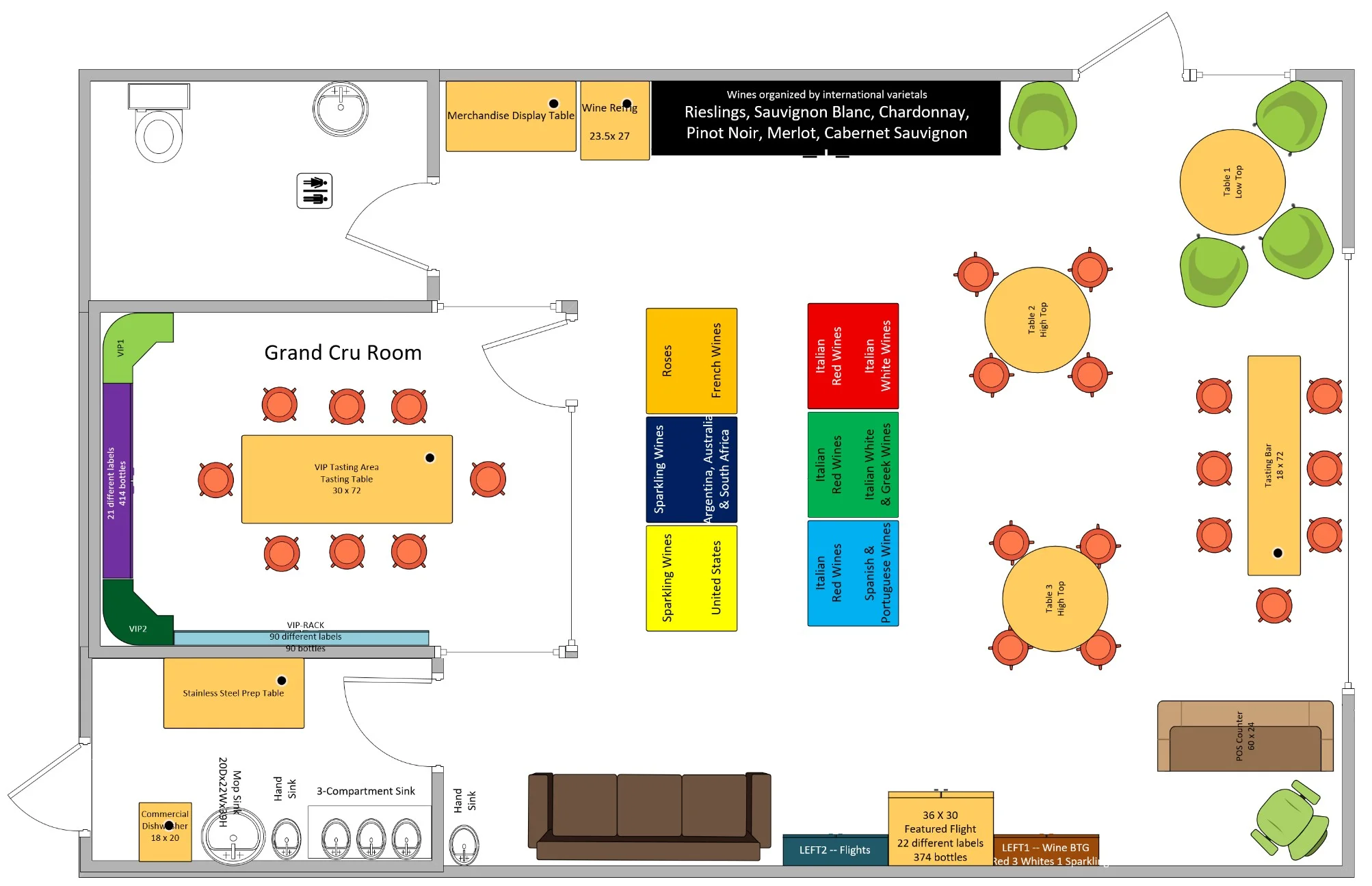 Floor plan of a wine tasting room with seating and wine display areas.