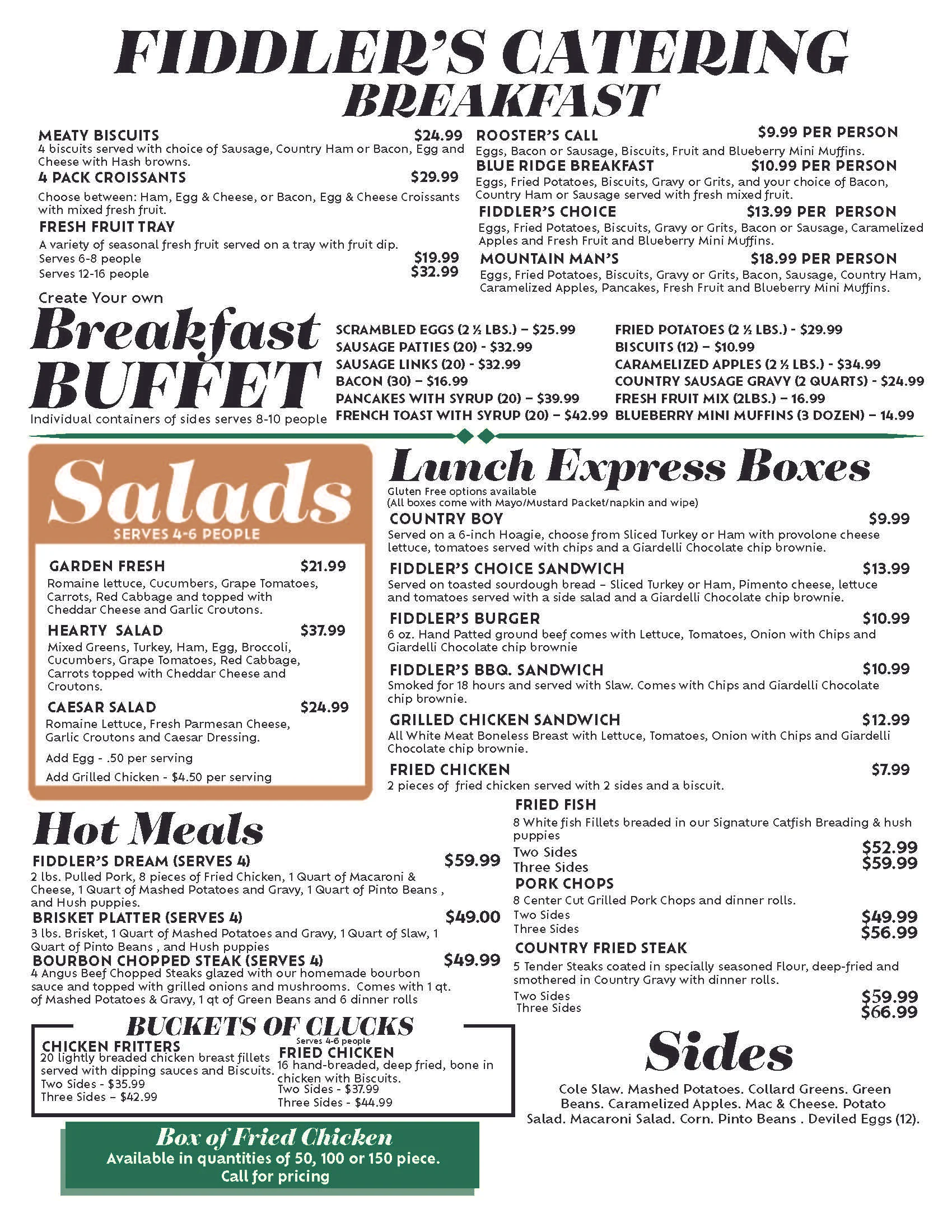 Fiddler's Catering Menu Page 1 showcasing various food options.