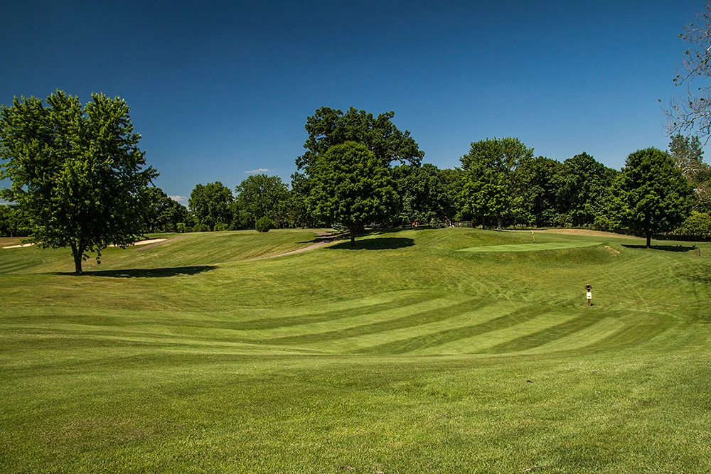Lush green golf course under a clear blue sky