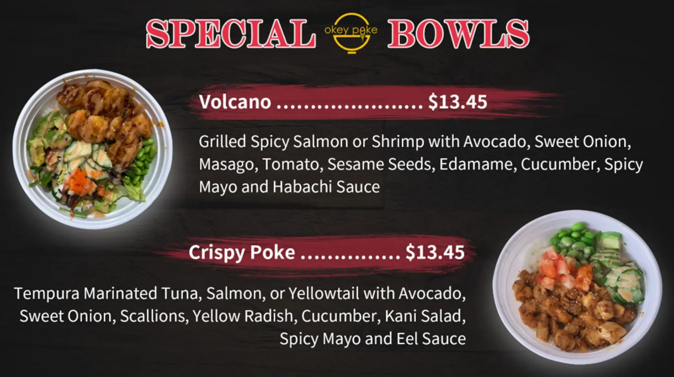 Menu featuring Volcano and Crispy Poke bowls with ingredients and prices.