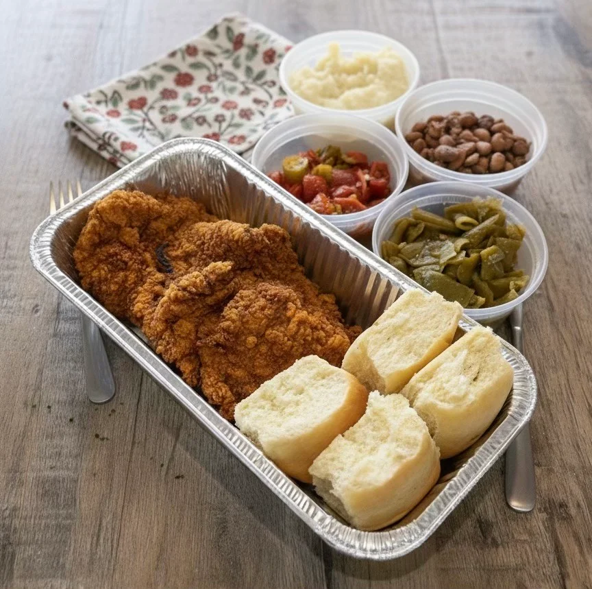 Southern fried chicken with biscuits and sides
