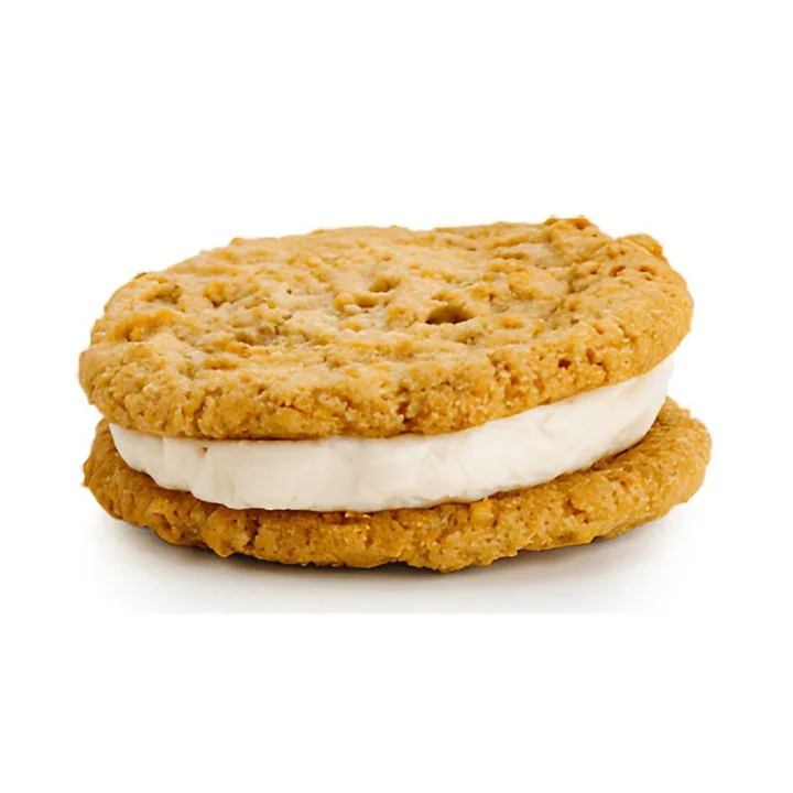 A delectable cookie with a creamy filling sandwiched between two oatmeal cookies.