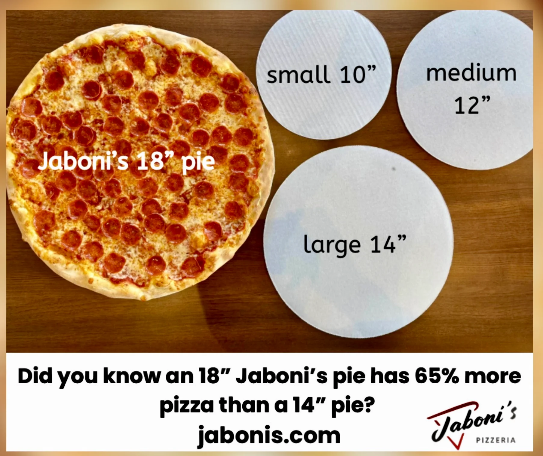 Jaboni's pepperoni pizza on a wooden table
