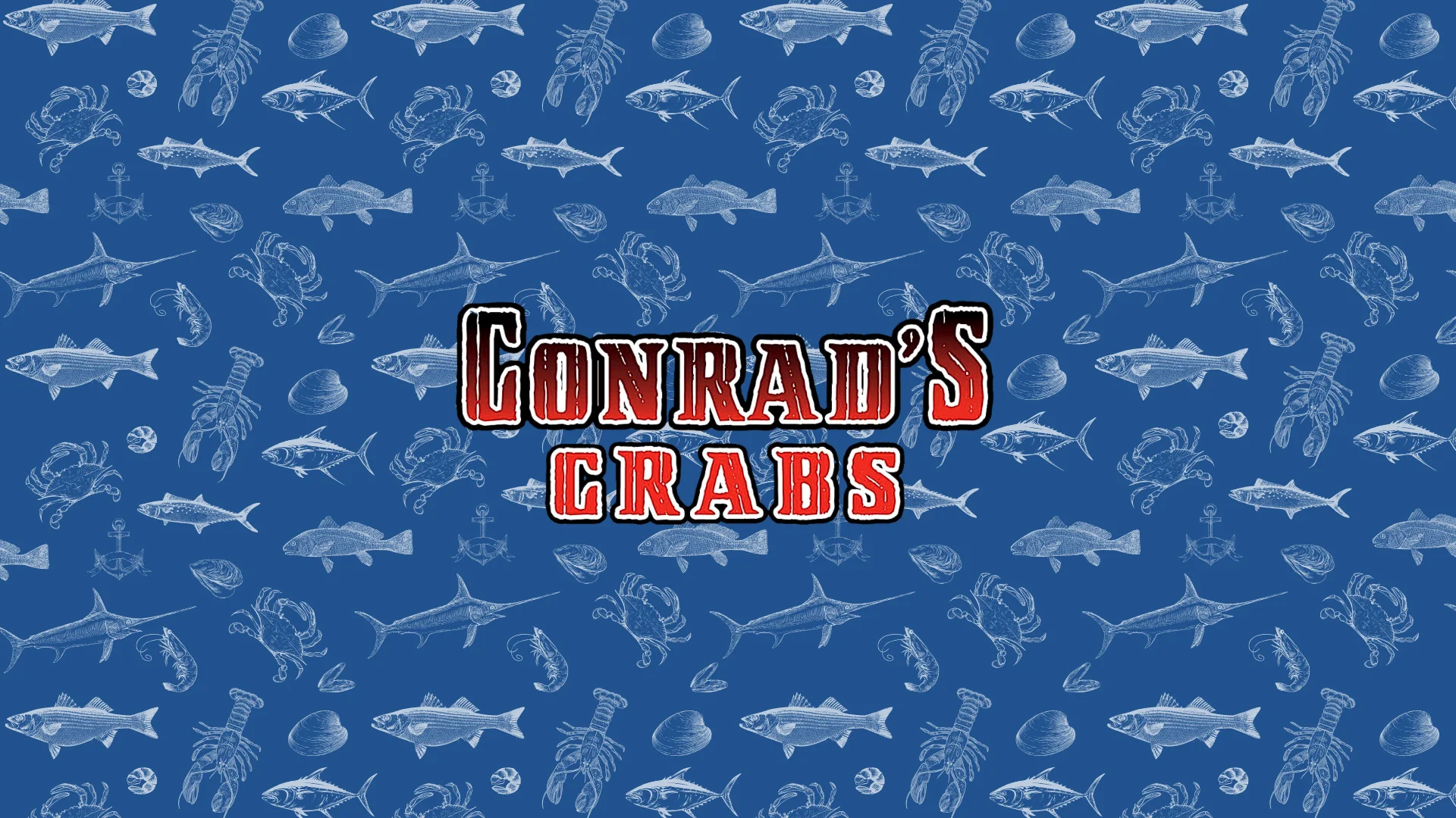 Conrad's Crabs logo with seafood illustrations on blue background