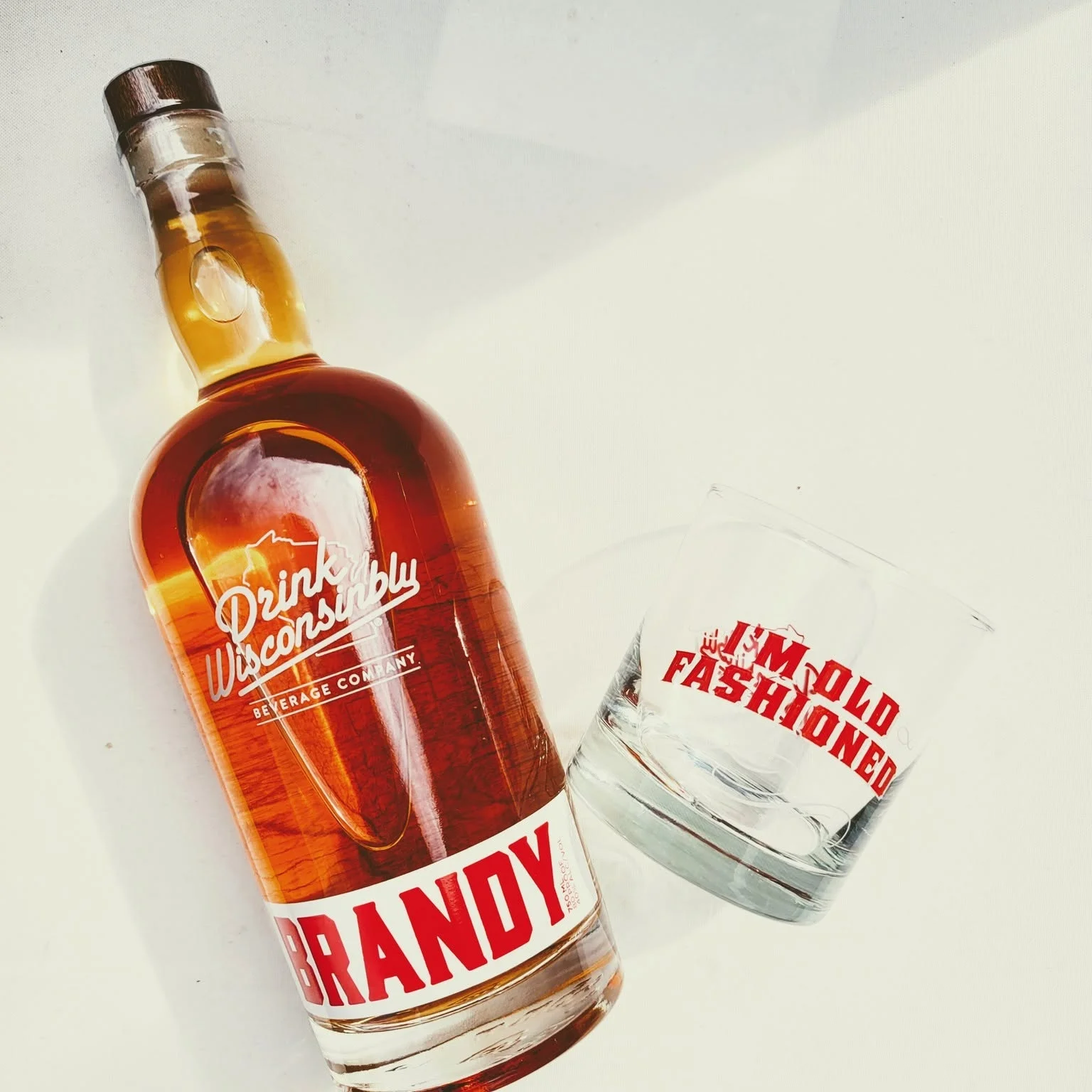 Bottle of Wisconsin brandy with an old fashioned glass