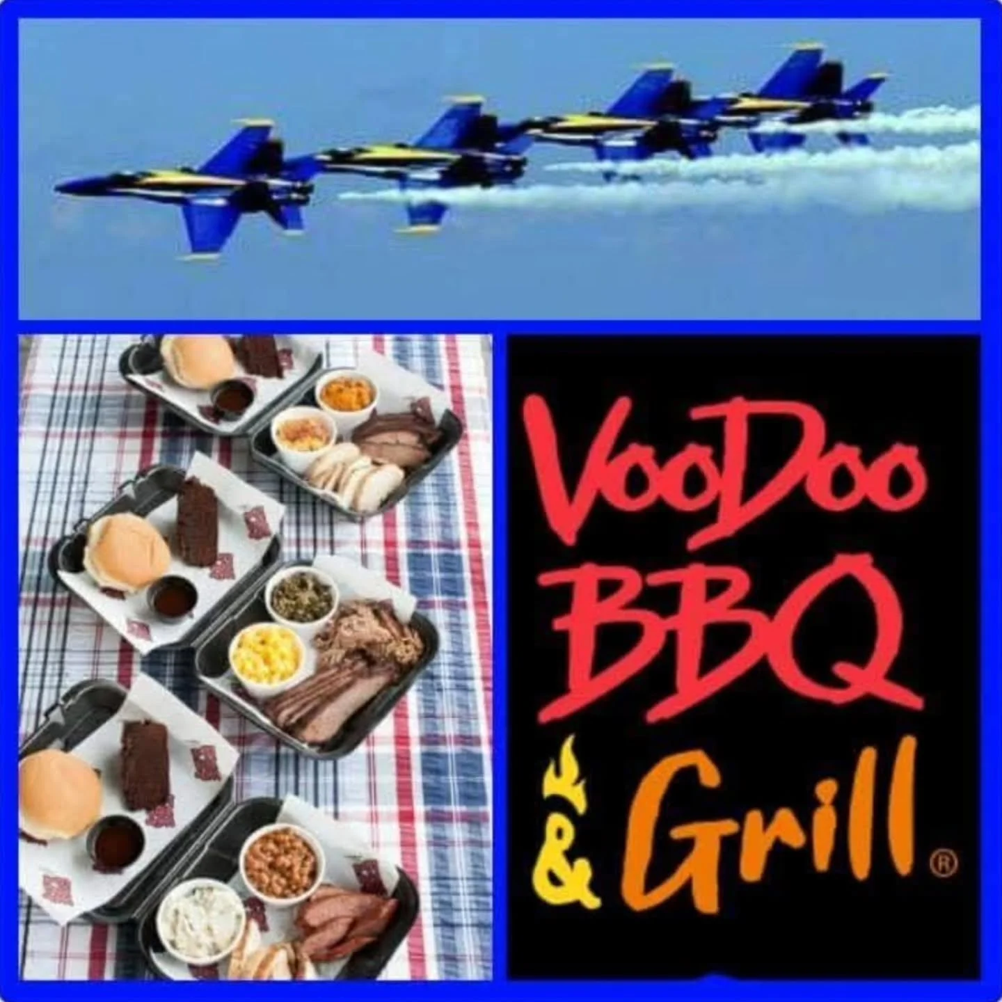 VooDoo BBQ picnic plates with smoked meats and sides alongside a logo graphic and Blue Angels flyover in Pensacola.
