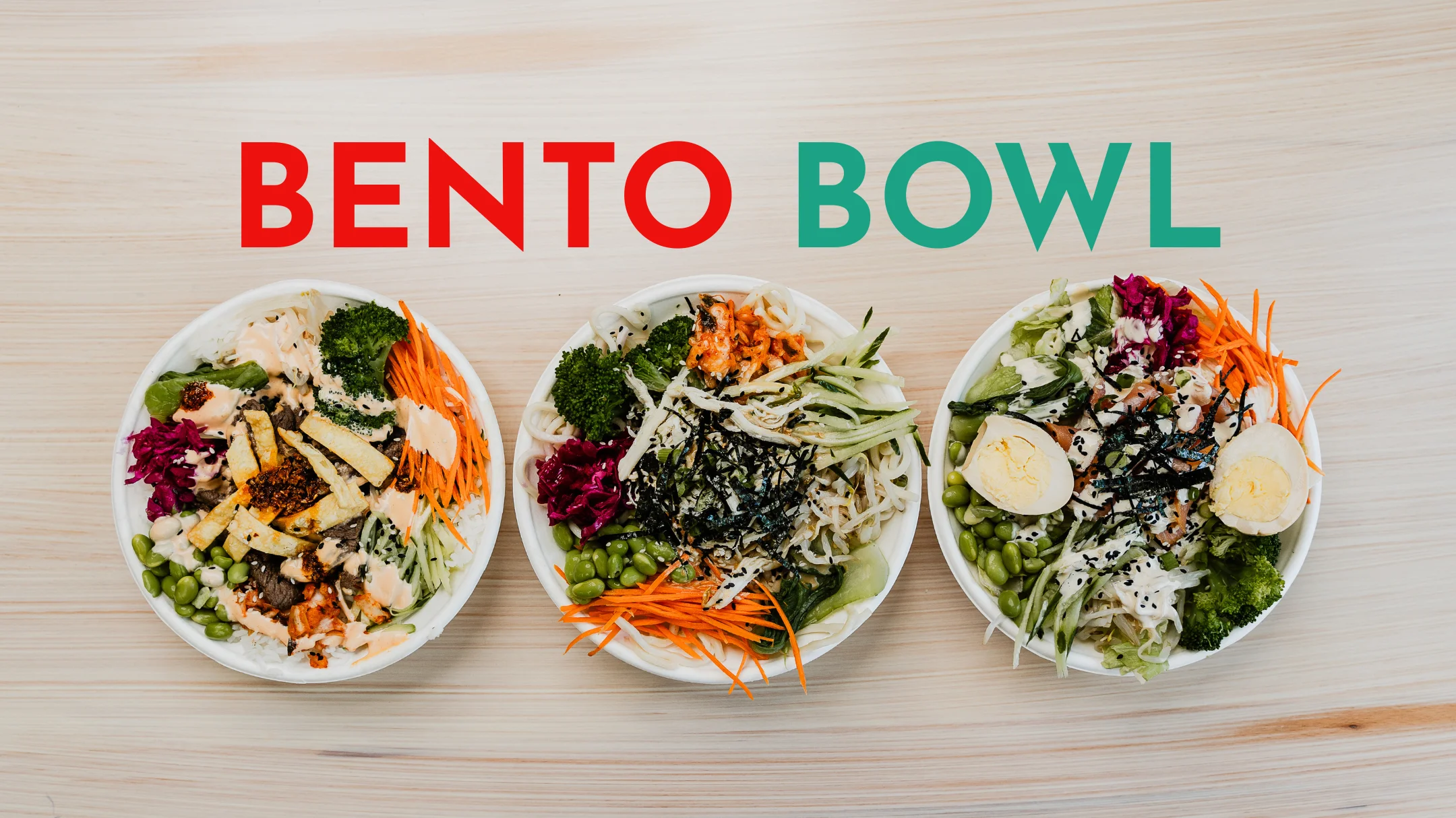 three rice and noodle bowls with fresh toppings