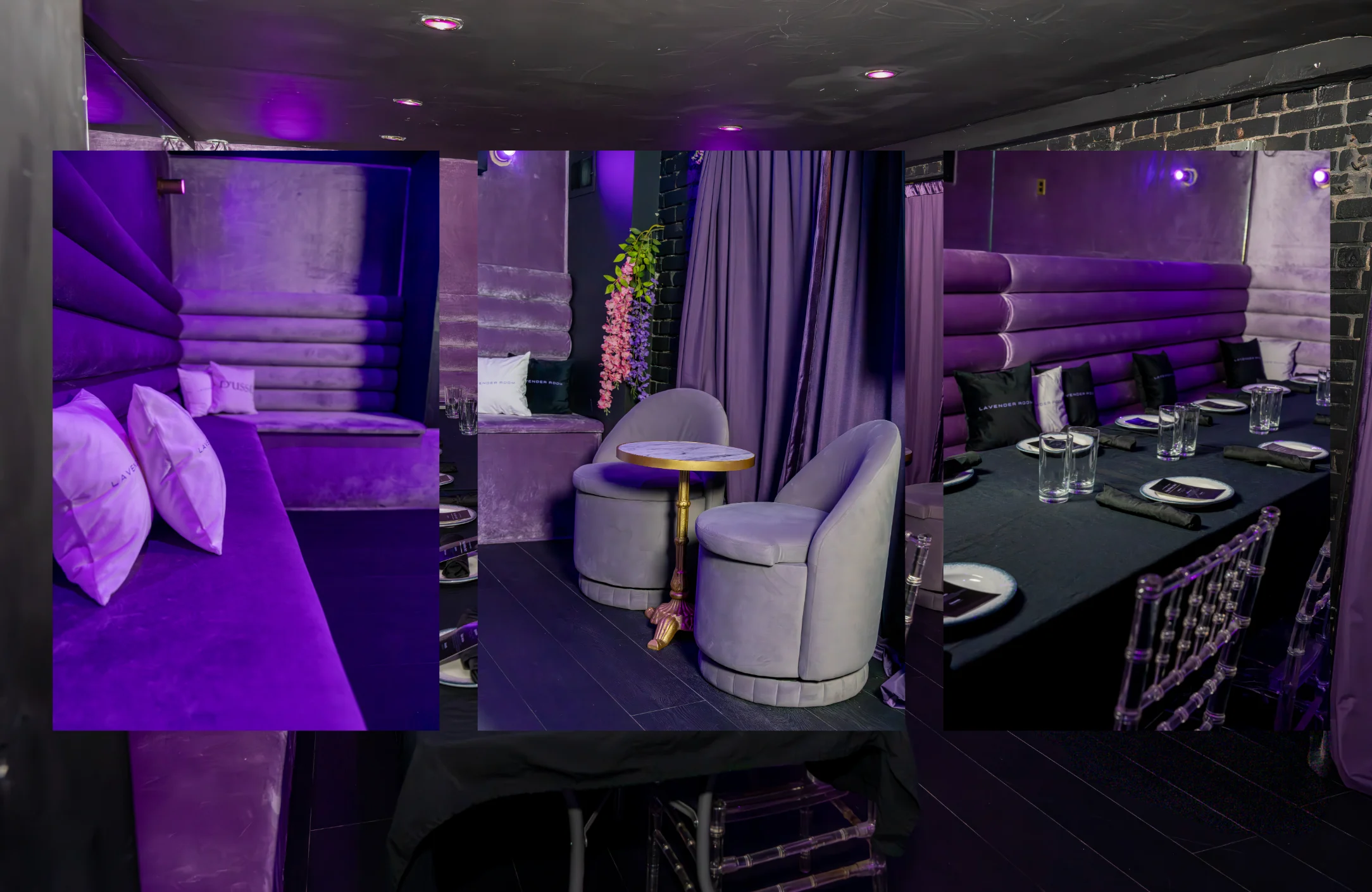 Stylish restaurant interior with purple decor and elegant seating