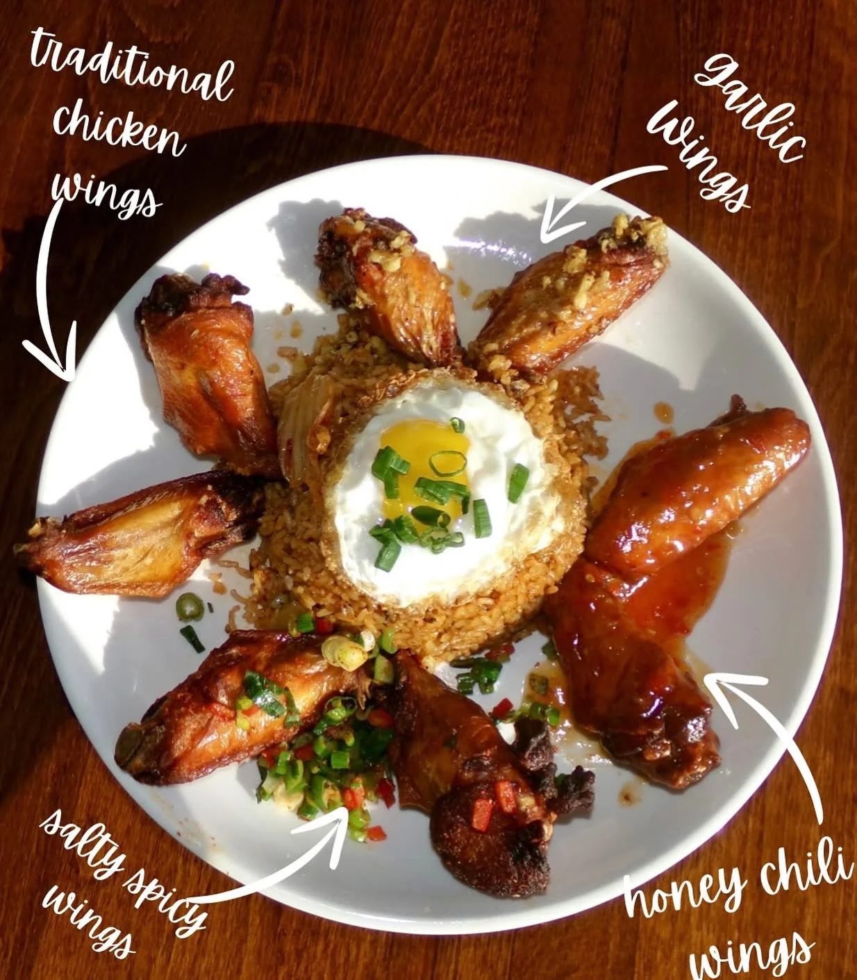 Assorted chicken wings platter with fried rice