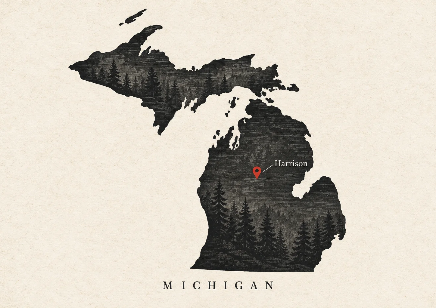 Vintage Michigan map graphic marking Harrison location