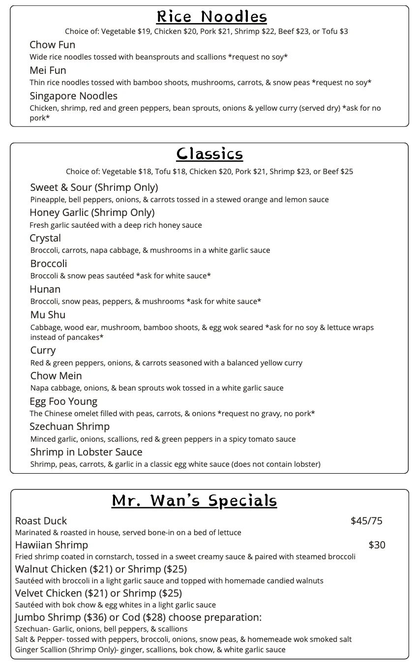 Menu featuring rice noodles, classics, and specials with prices.