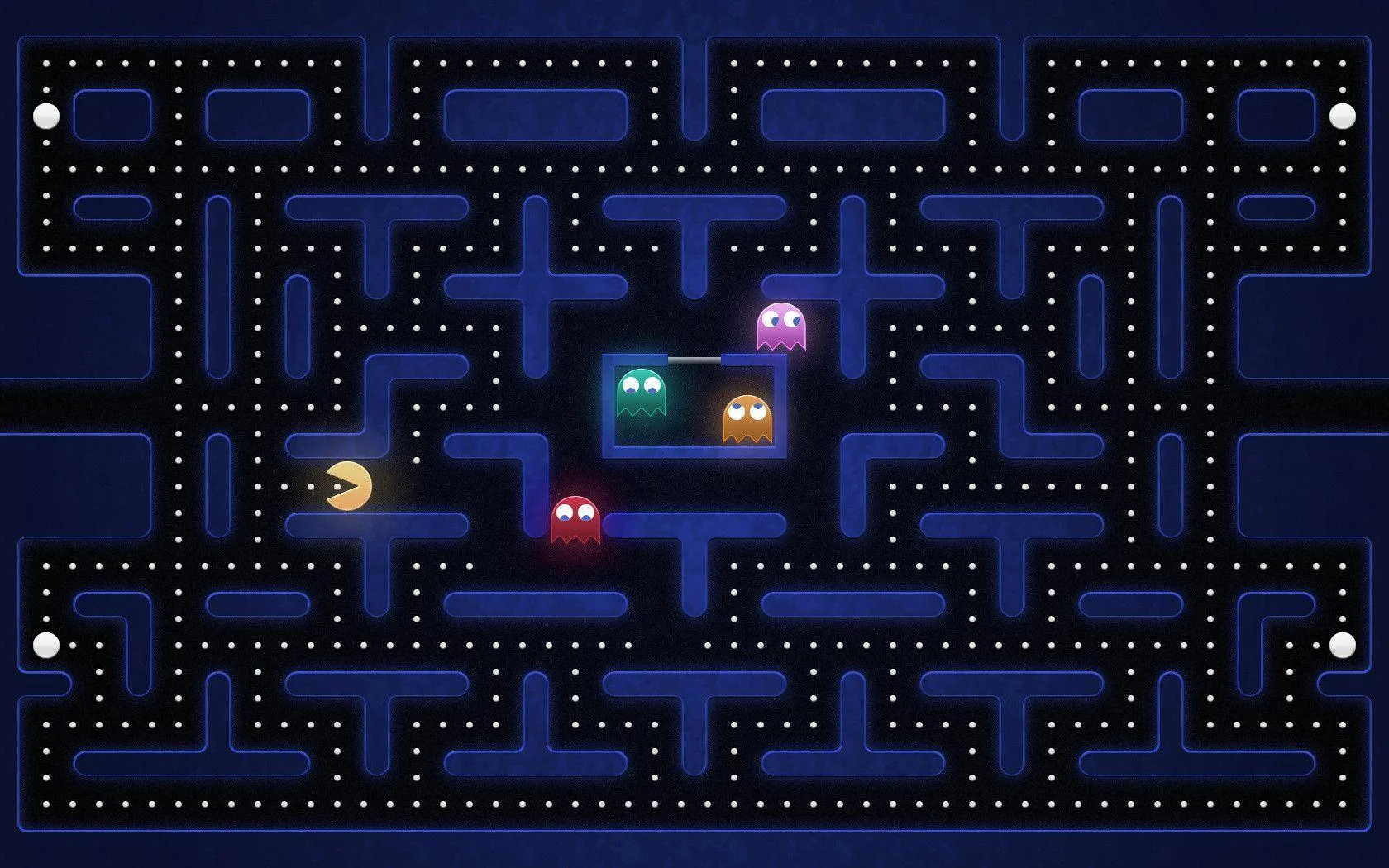 Classic arcade game scene with Pac-Man and colorful ghosts