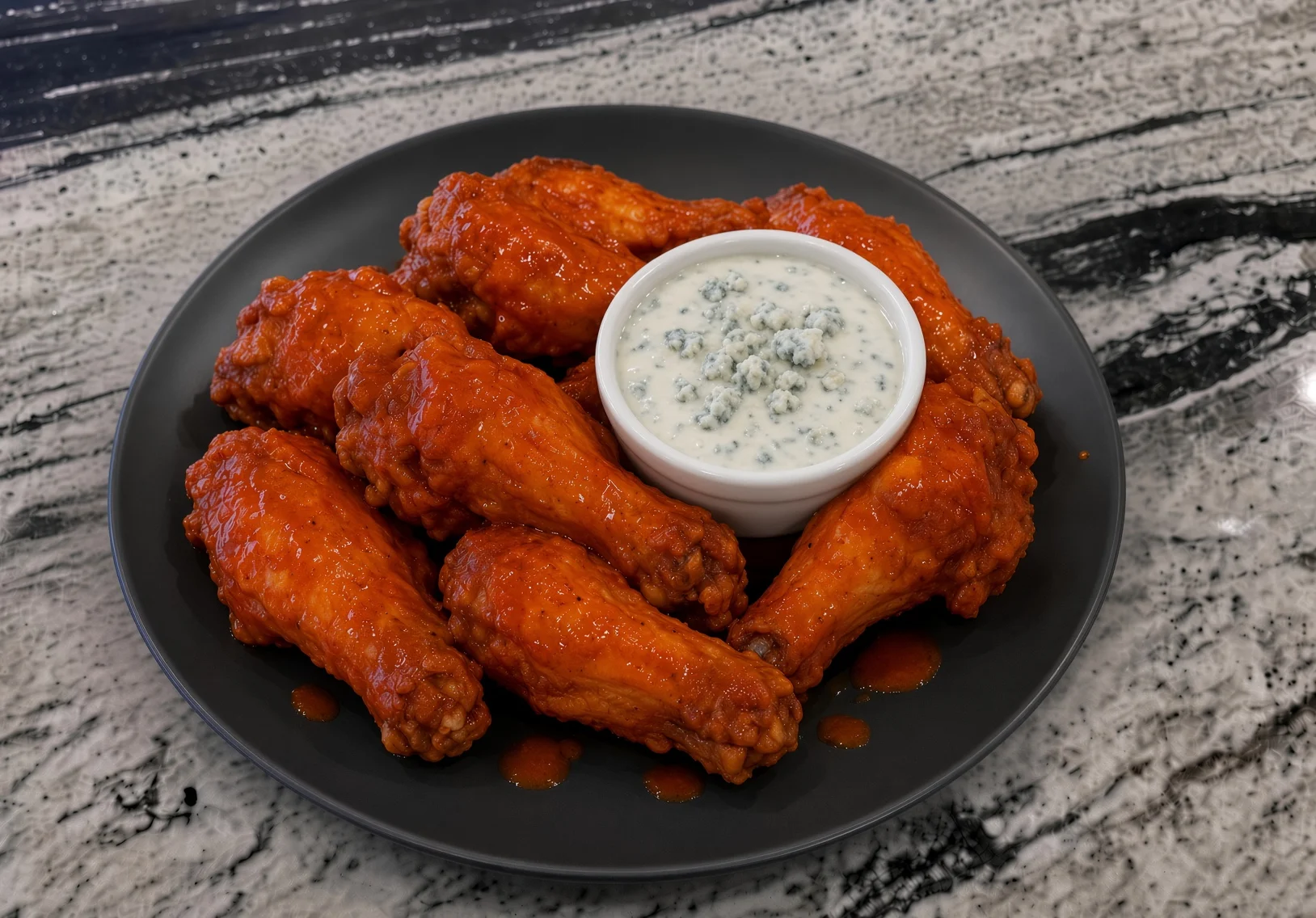 Plate of spicy buffalo chicken wings with blue cheese dip