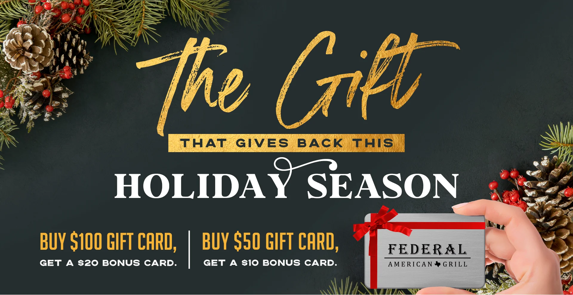Holiday gift card promotion graphic with festive greenery and restaurant gift card