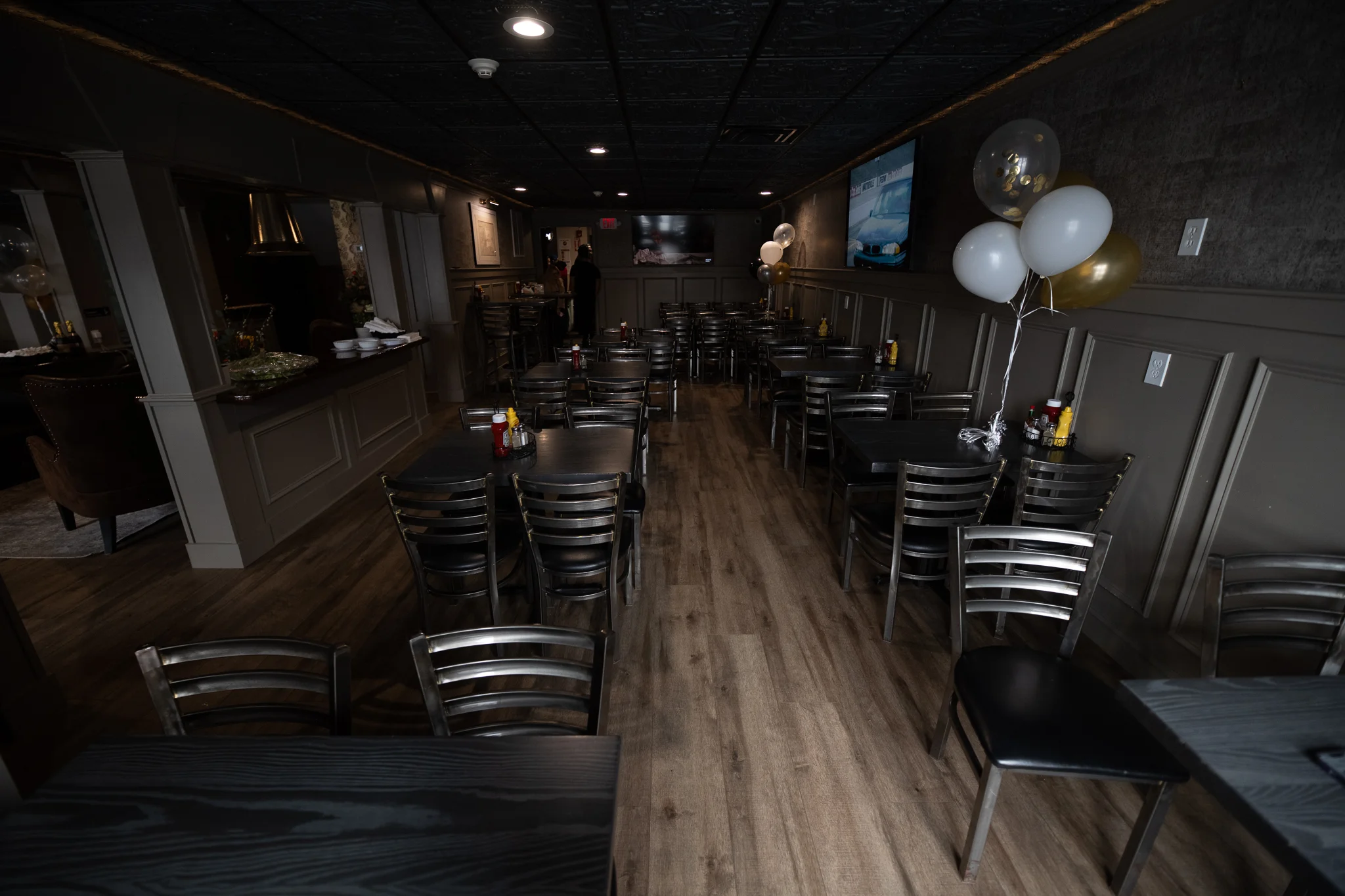 Cozy restaurant interior with modern decor and seating
