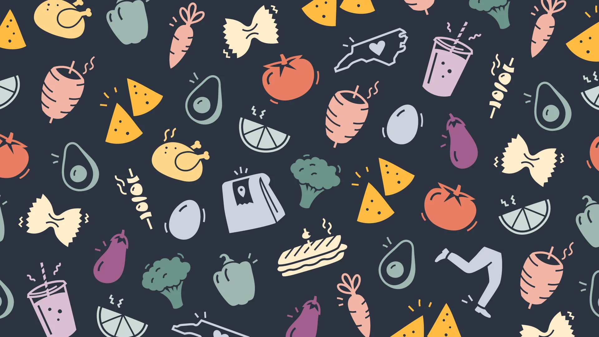 Colorful food pattern featuring various ingredients and dishes