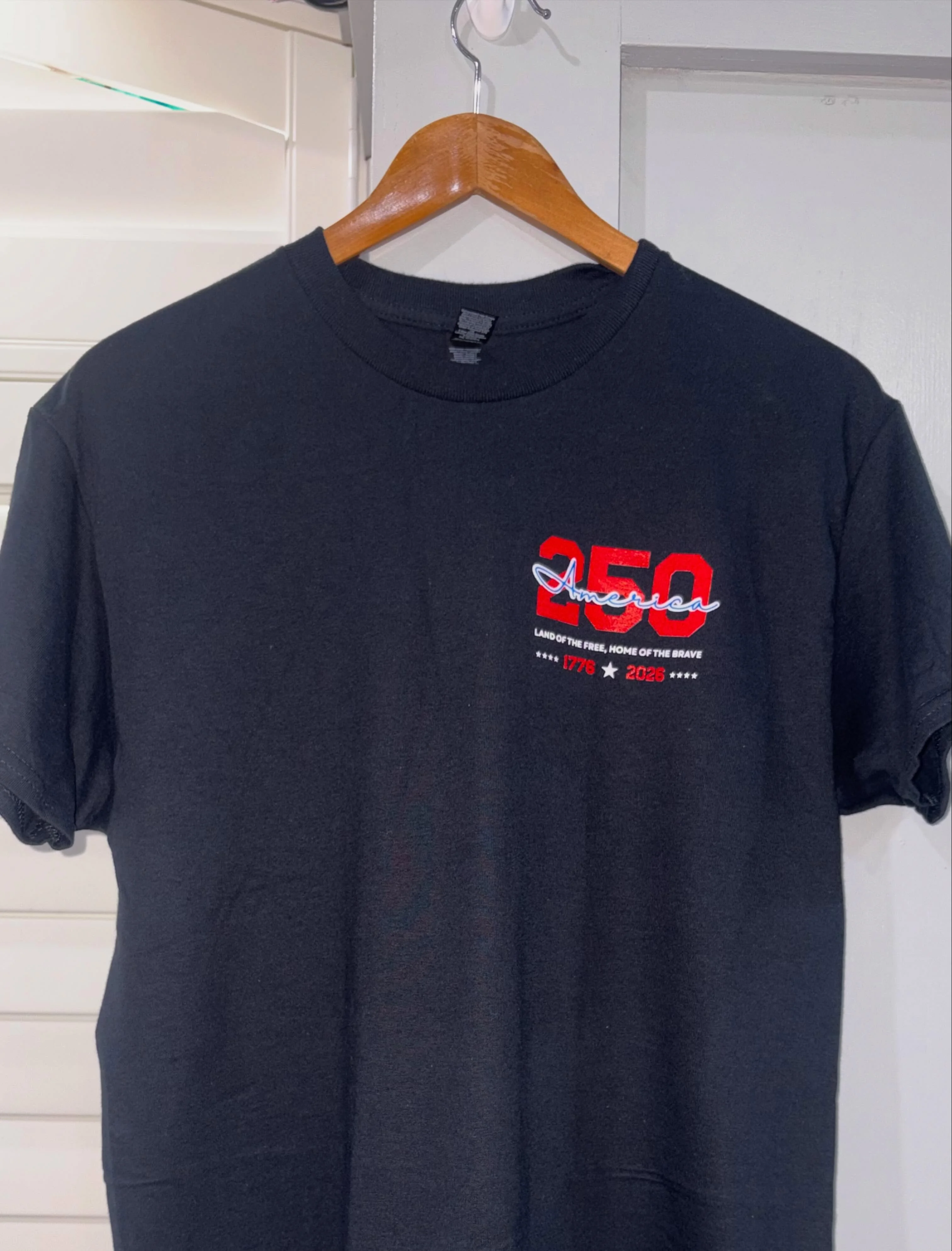 Black t-shirt featuring 250th anniversary design for America