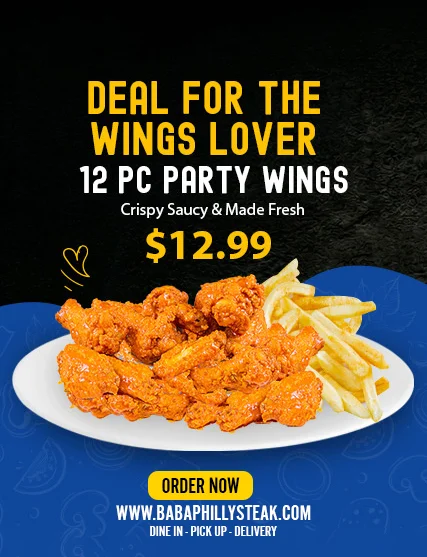 Crispy buffalo wings served with fries