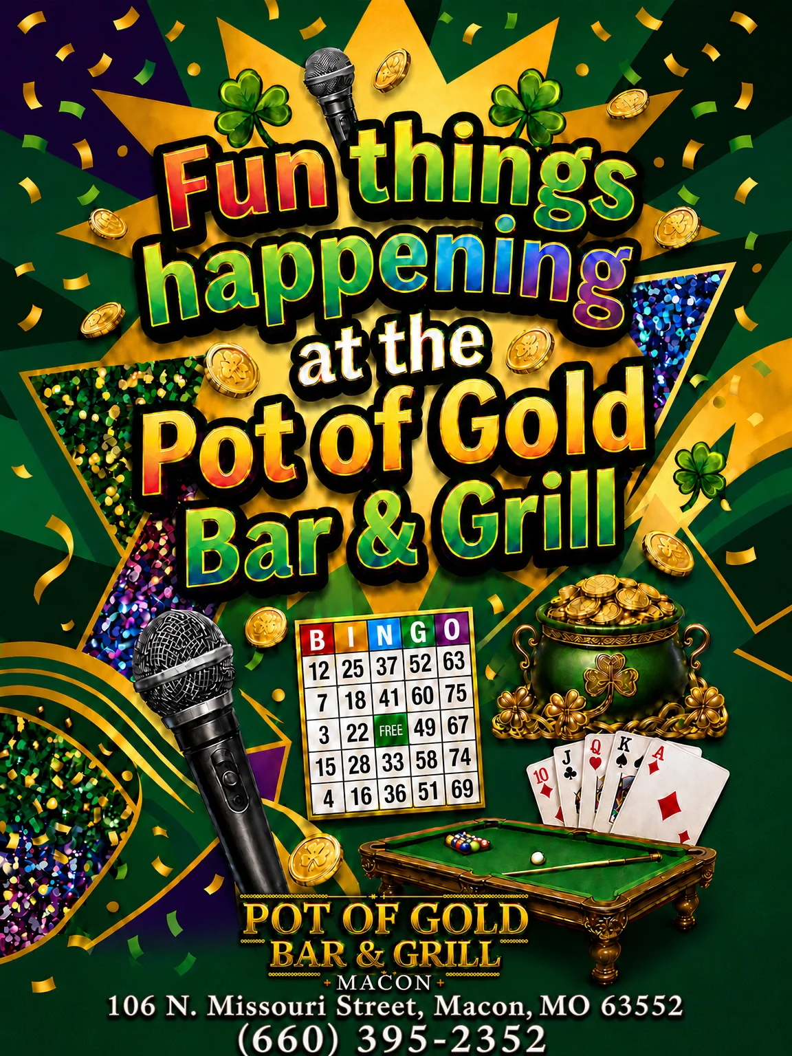 Colorful Pot of Gold Bar & Grill event poster with bingo and pool table