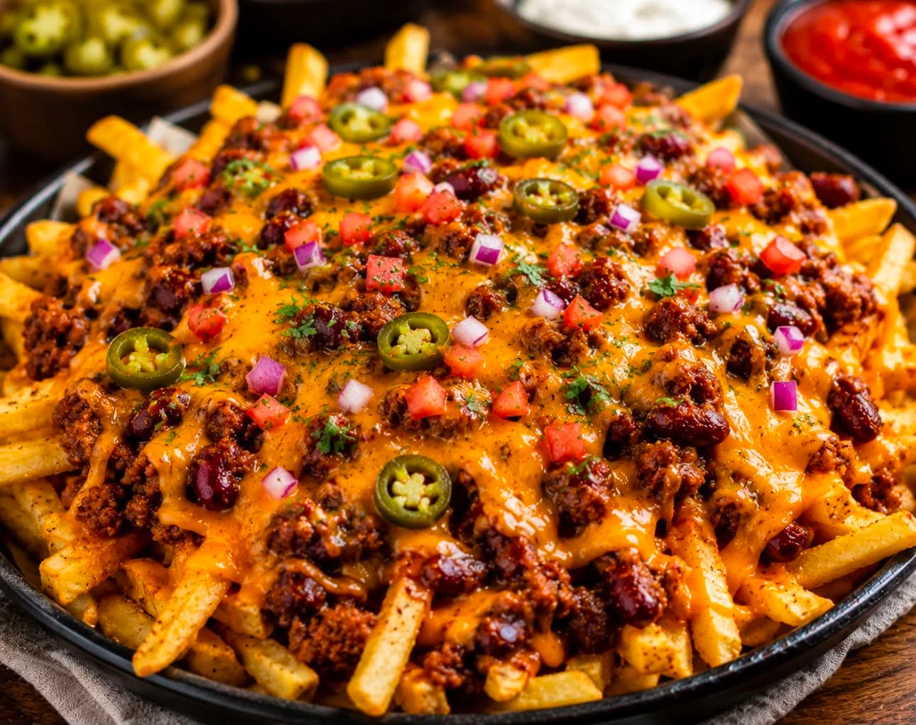A large platter of loaded fries topped with chili, cheese, jalapeños, diced tomatoes, and onions, garnished with fresh herbs.