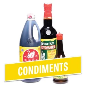 Variety of Asian condiments including soy sauce and vinegar