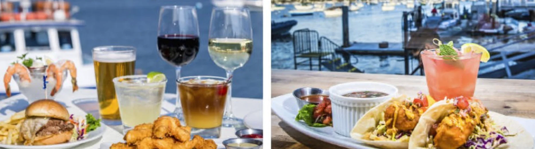 Waterfront restaurant spread with fish tacos, fried shrimp, burger, and drinks