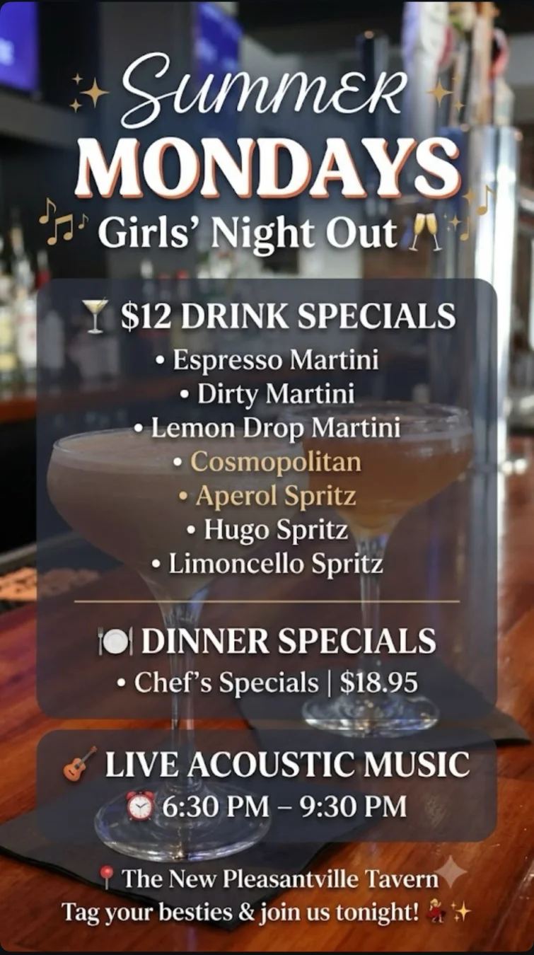 Cocktail menu featuring summer drink specials for girls' night out