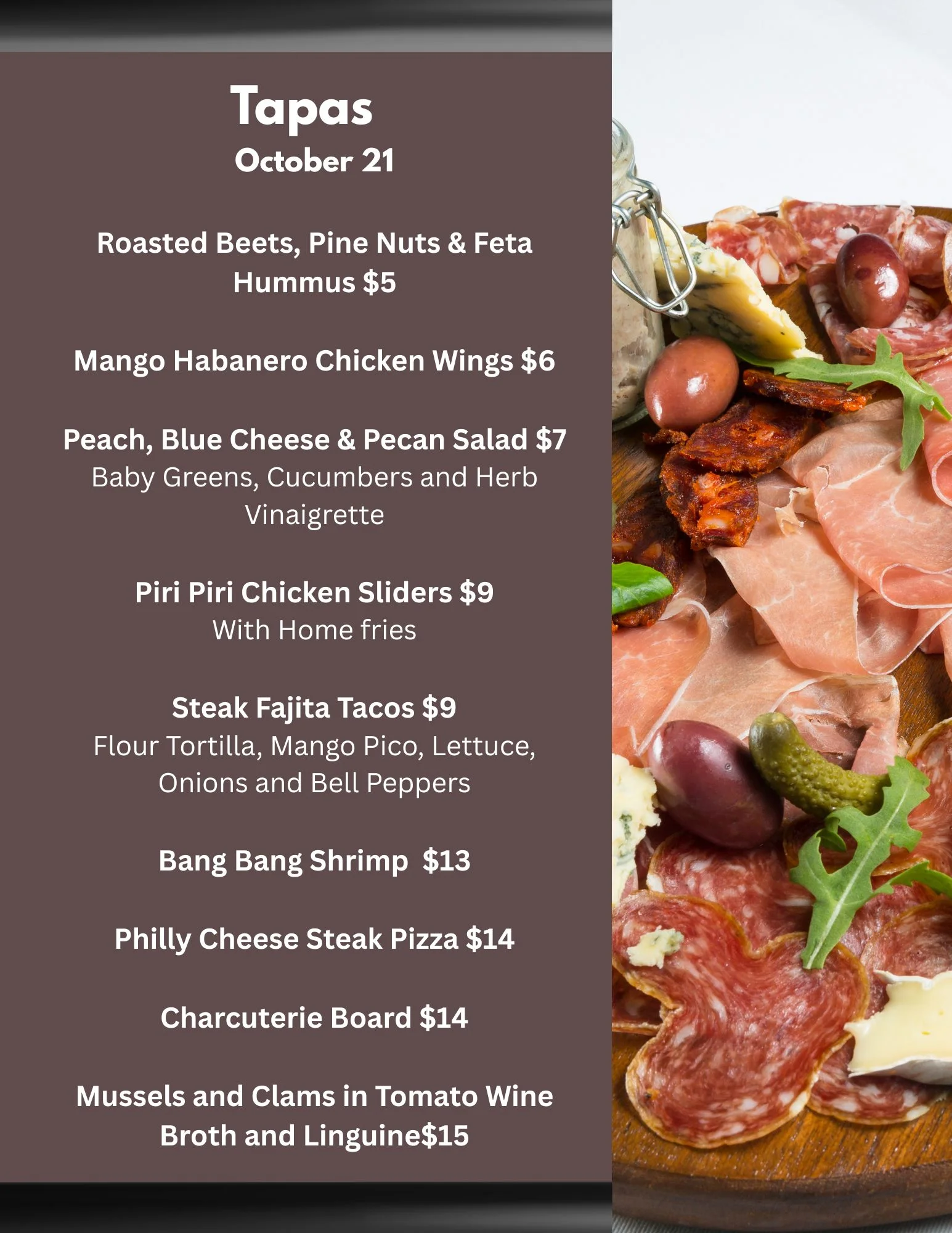Tapas menu featuring a charcuterie board and restaurant event specials